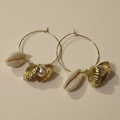 Seashell Pearl Golden Hoop Earrings