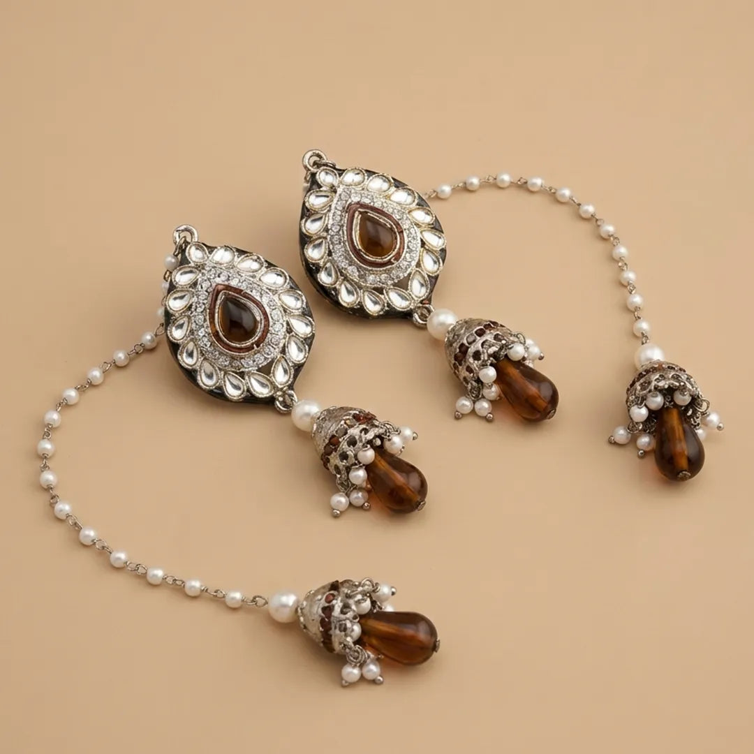 Silver Brown Kundan Jhumka Earrings - Large