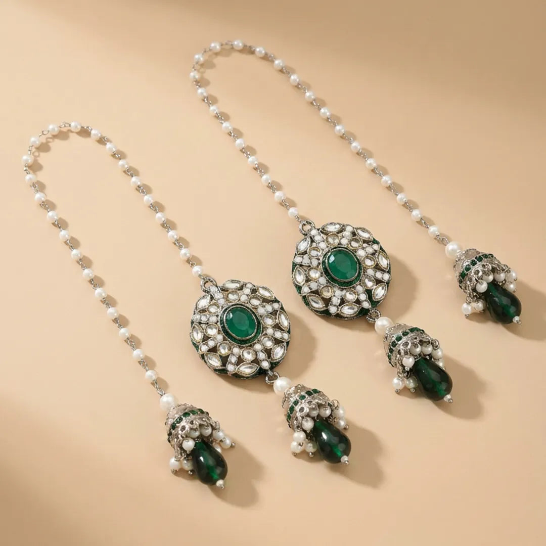 Silver Emrald Green Kundan Jhumka Earrings - Large