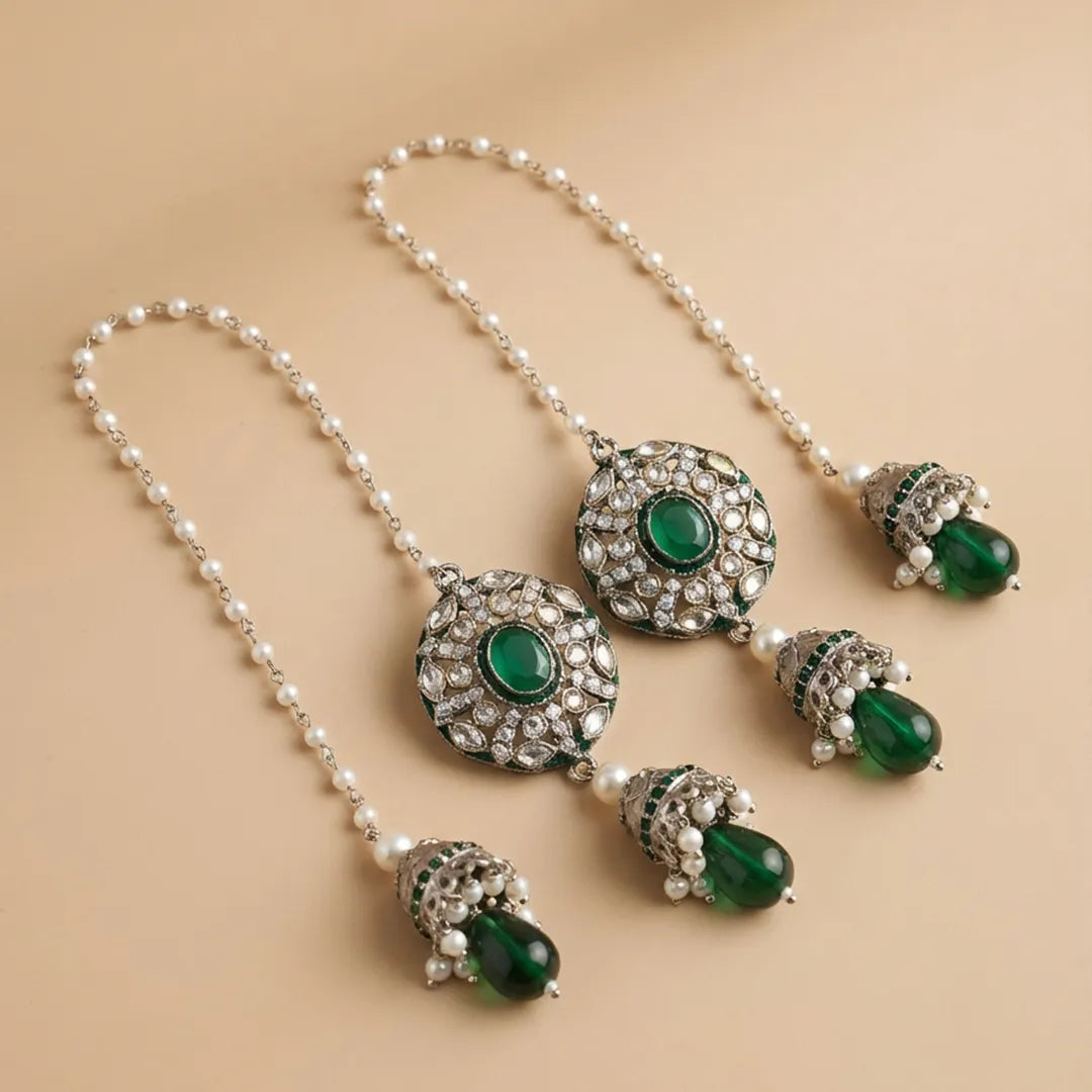 Silver Green Kundan Jhumka Earrings