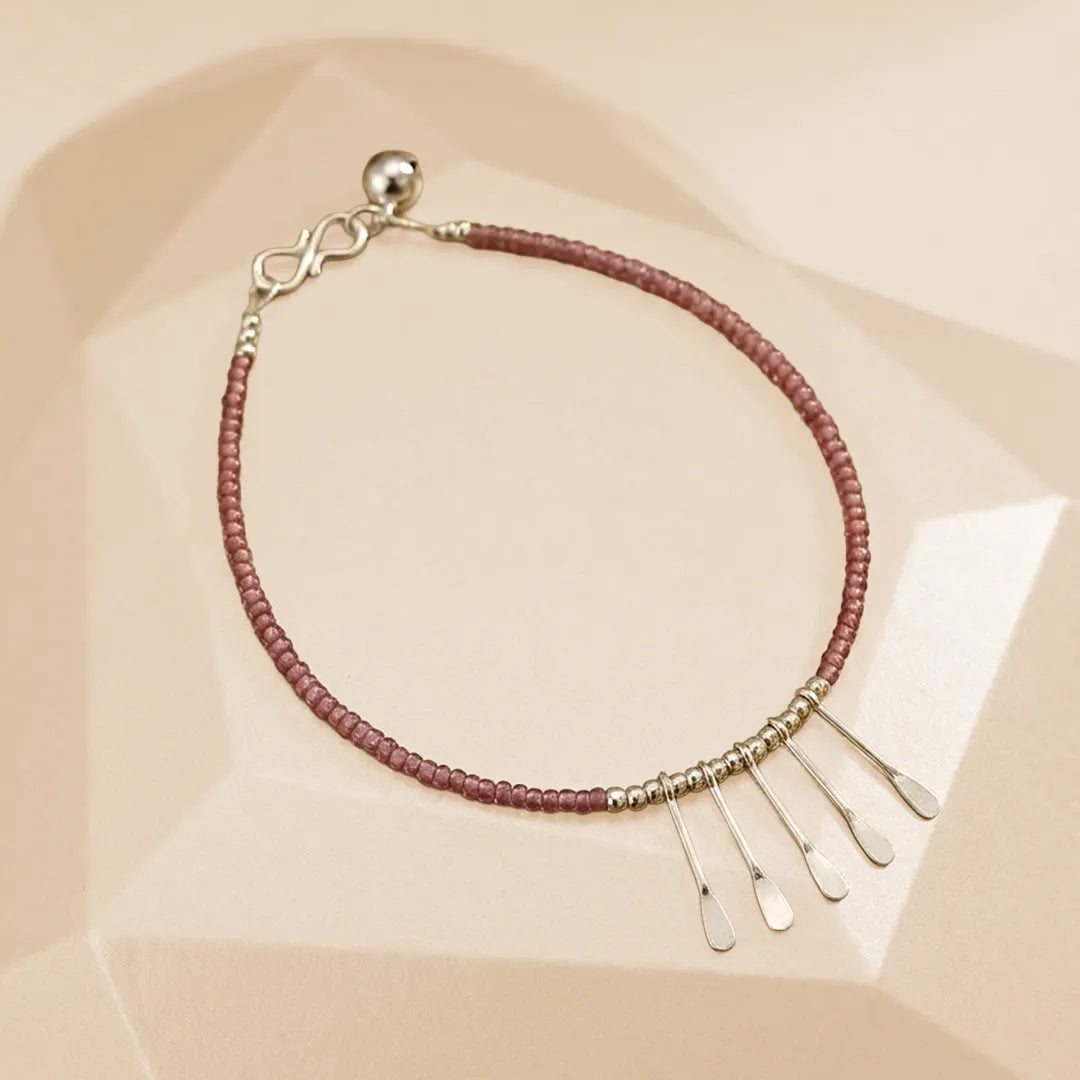 Silver Purple Beads Anklet - Single