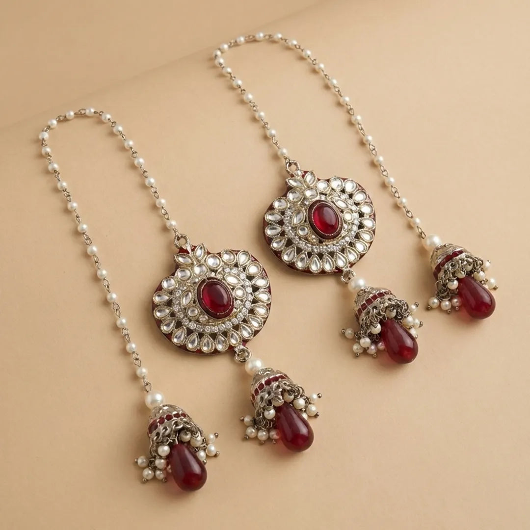 Silver Red Dia Kundan Jhumka Earrings