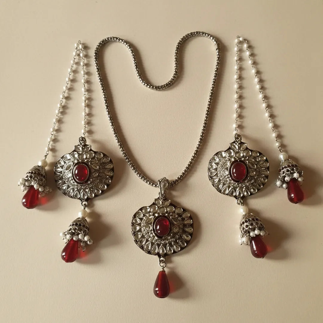 Silver Red Dia Kundan Set - Necklace & Earrings