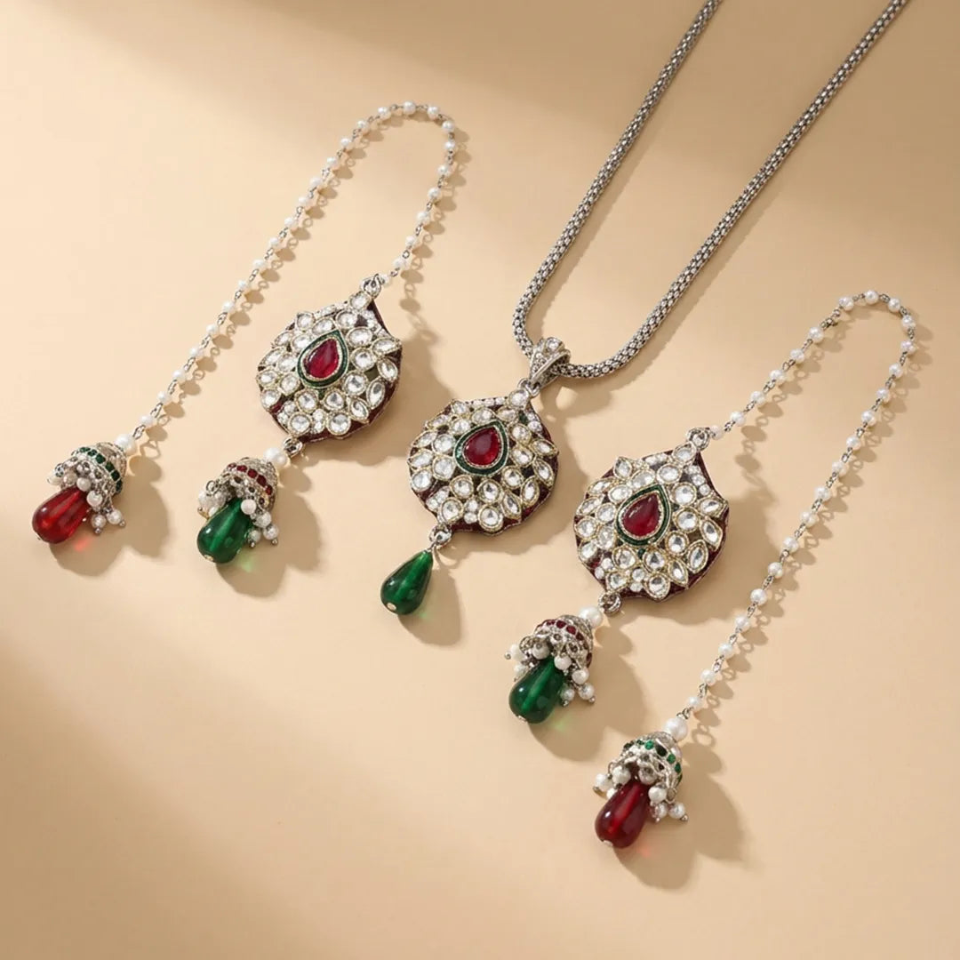 Silver Red Green Kundan Set - Necklace & Earrings