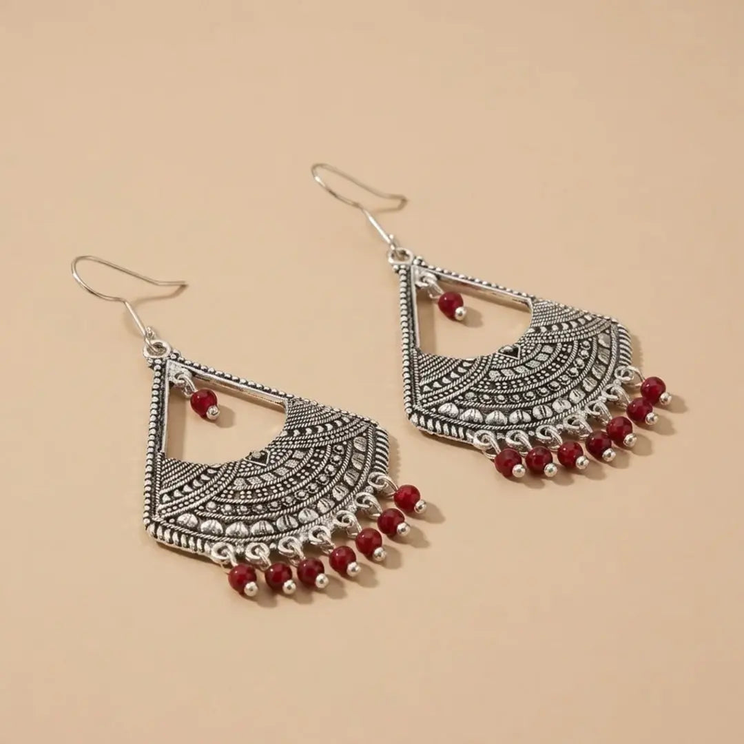 Silver Red Jhumka Earrings