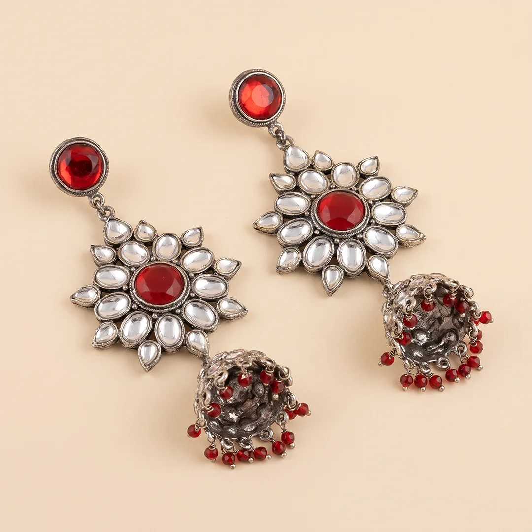 Silver Red Kundan Jhumka Earrings - Large