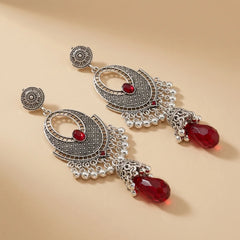 Silver Red Stone Jhumka Earrings
