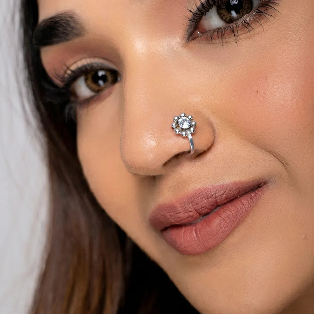 Silver Stone Floral Nose Ring