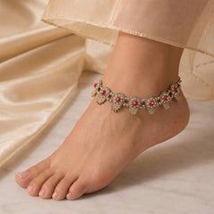 Silver Stone Red Beads Anklet - Single (Payal)