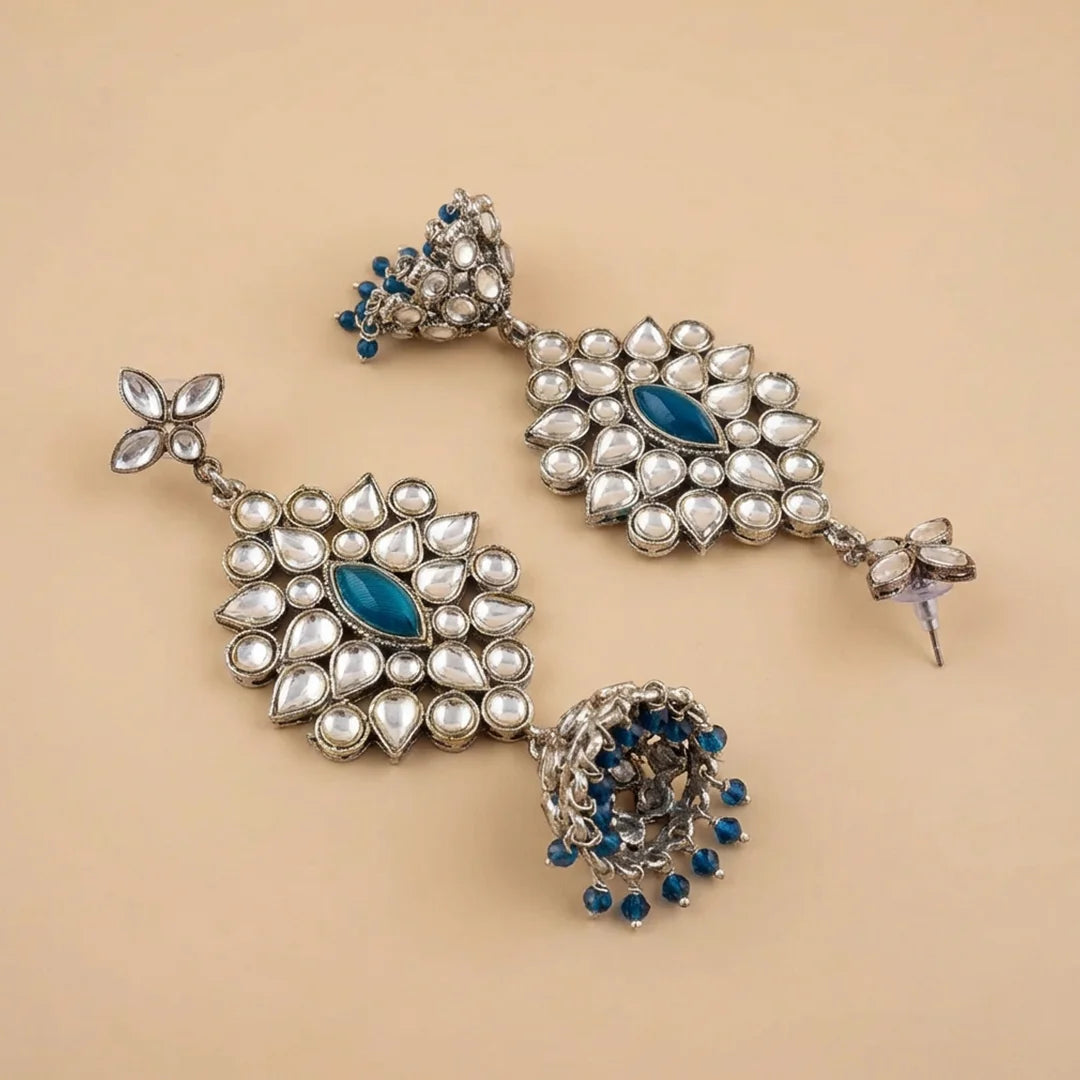 Silver Teal Green Kundan Jhumka Earrings - Large