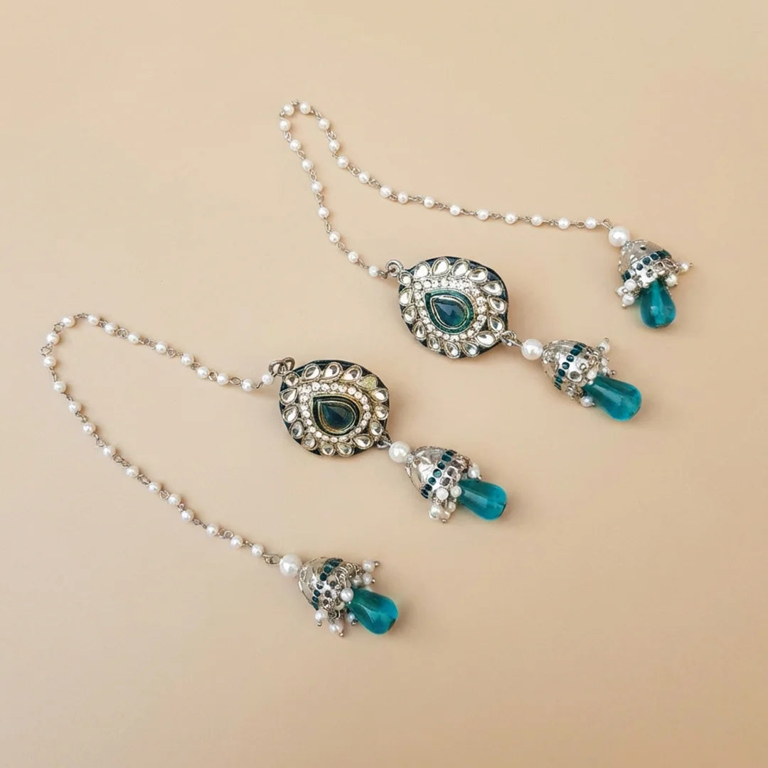 Silver Teal Green Kundan Jhumka Earrings
