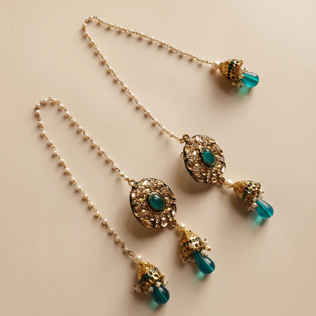 Silver Teal Green Kundan Jhumka Earrings