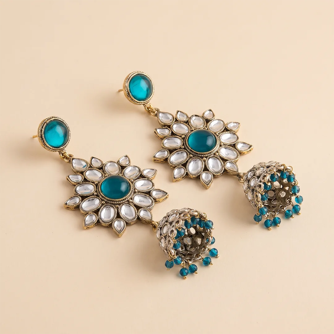 Silver Teal Kundan Jhumka Earrings - Large