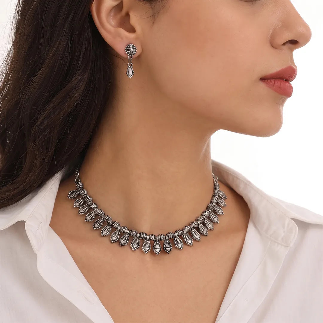 Silver Tribal Choker Necklace & Earrings Set