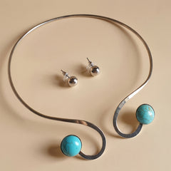 Silver Turquoise Metallic Choker Necklace Set