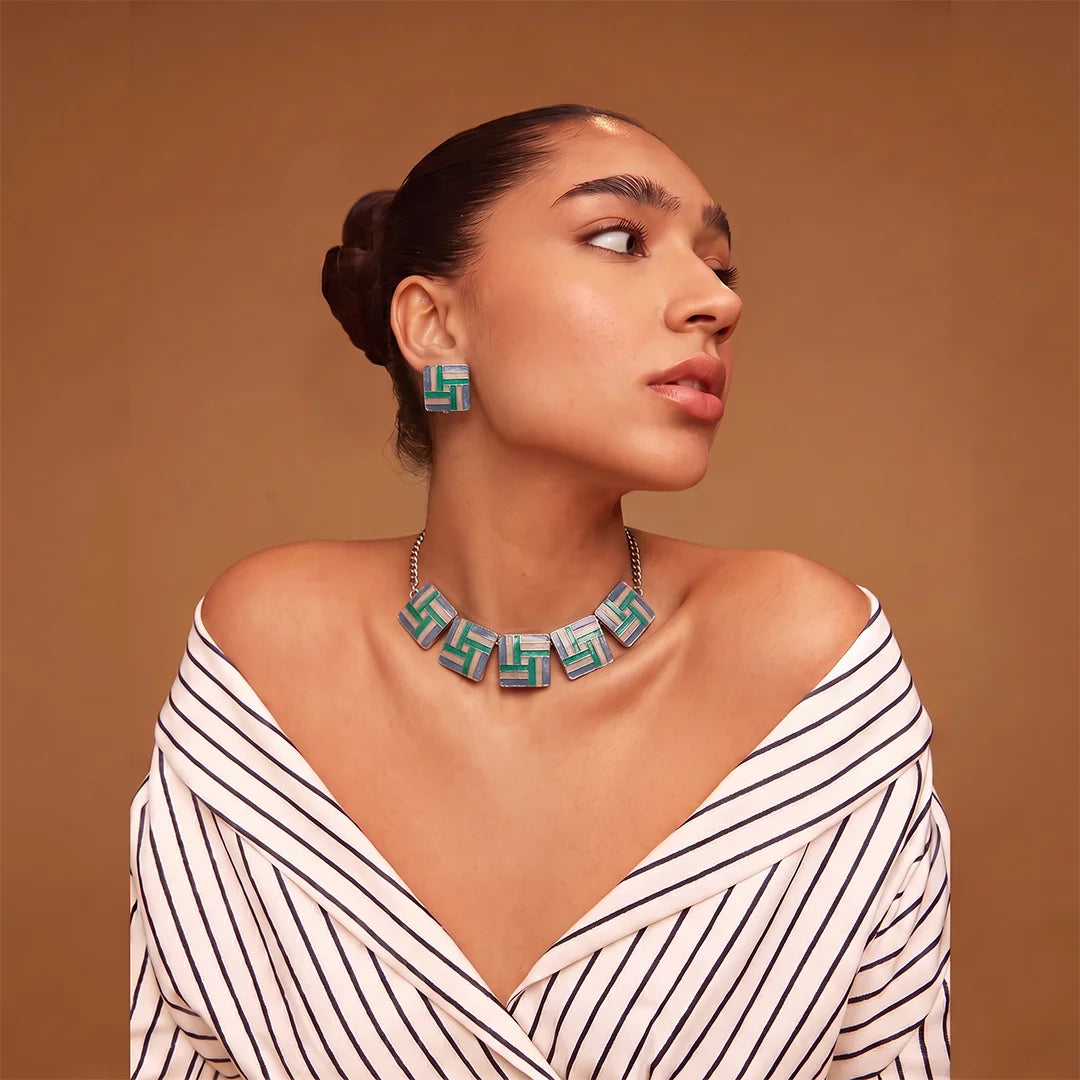 Teal Blue Handpainted Metallic Choker Necklace Set