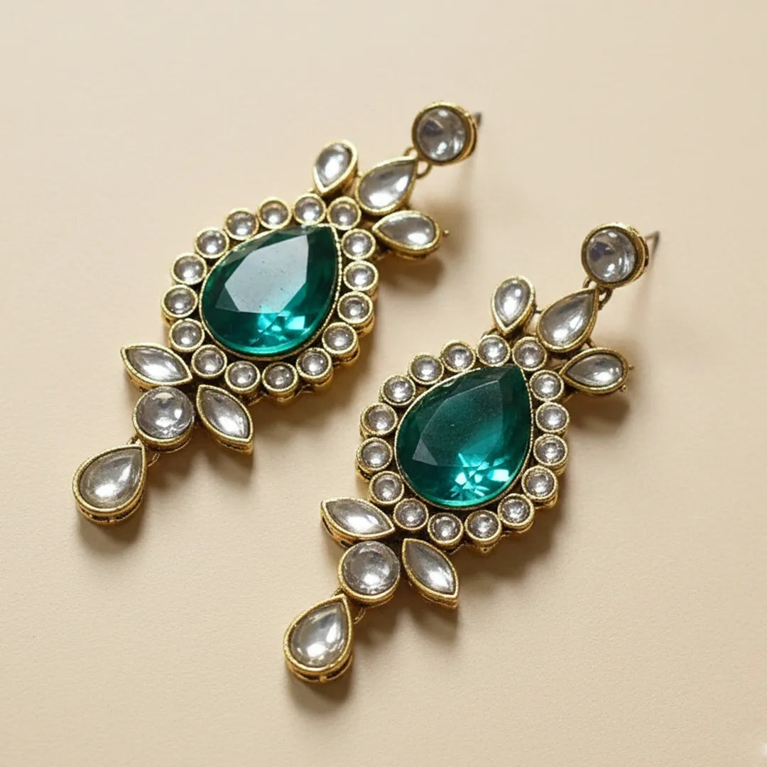 Teal Teardrop Green Kundan Jhumka Earrings - Large