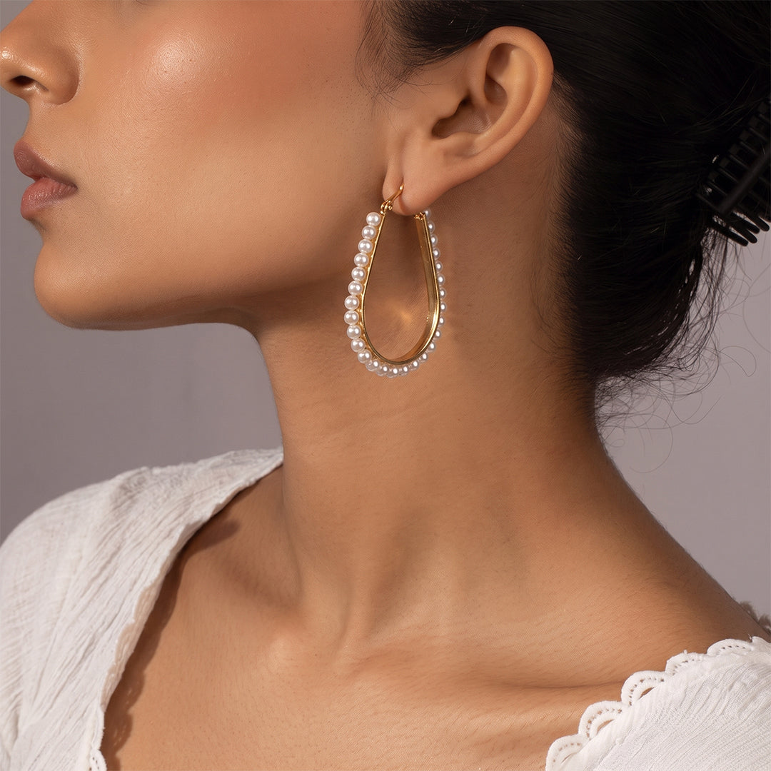 TearDrop Pearl Hoop Earrings - Large