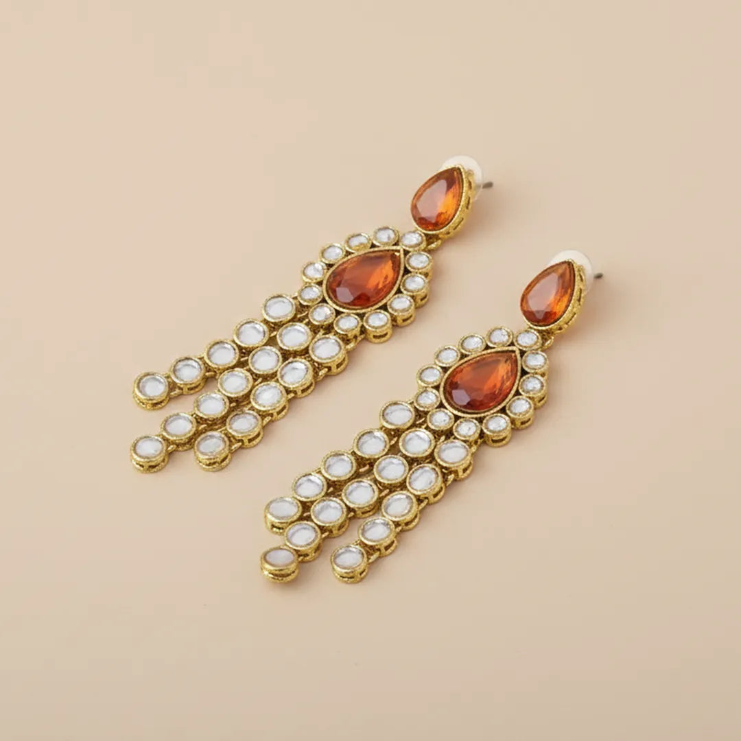 Teardrop Orange Kundan Jhumka Earrings - Large