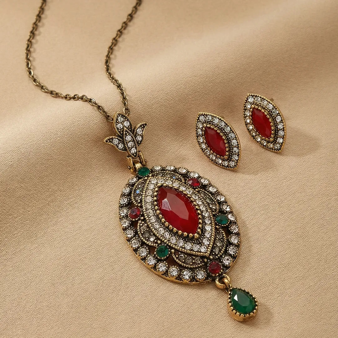 Turkish Red Stone Necklace & Earrings Set