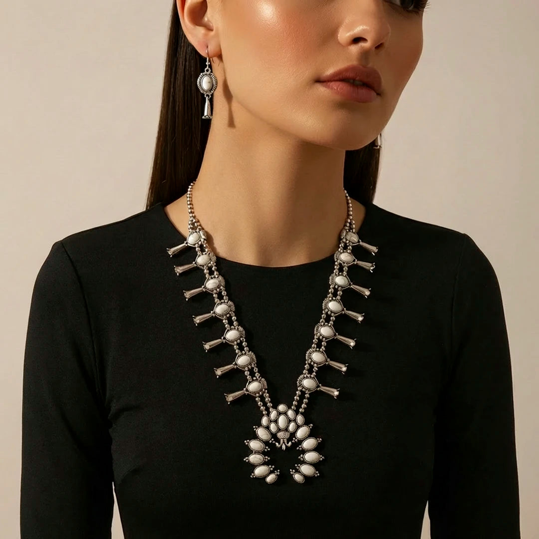 White Afghani Silver Necklace set - Long