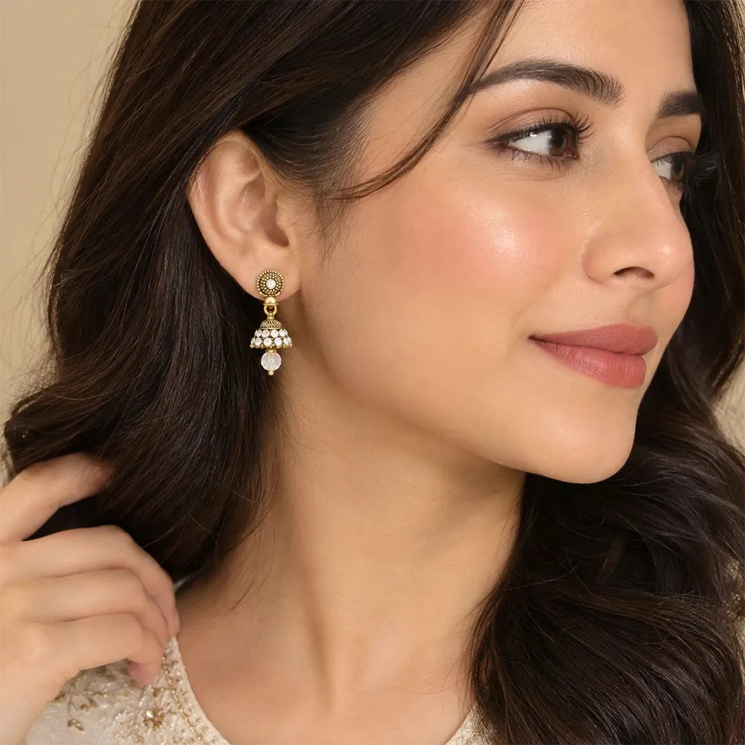 White Golden Earrings - Small Jhumki