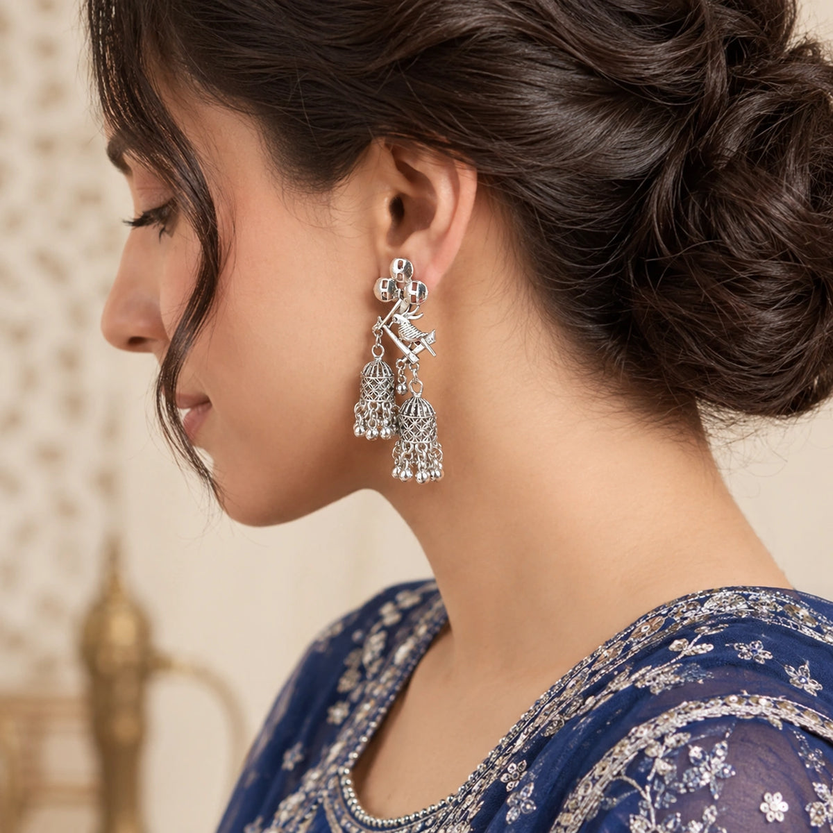 Antique Silver Cage Jhumka Earrings