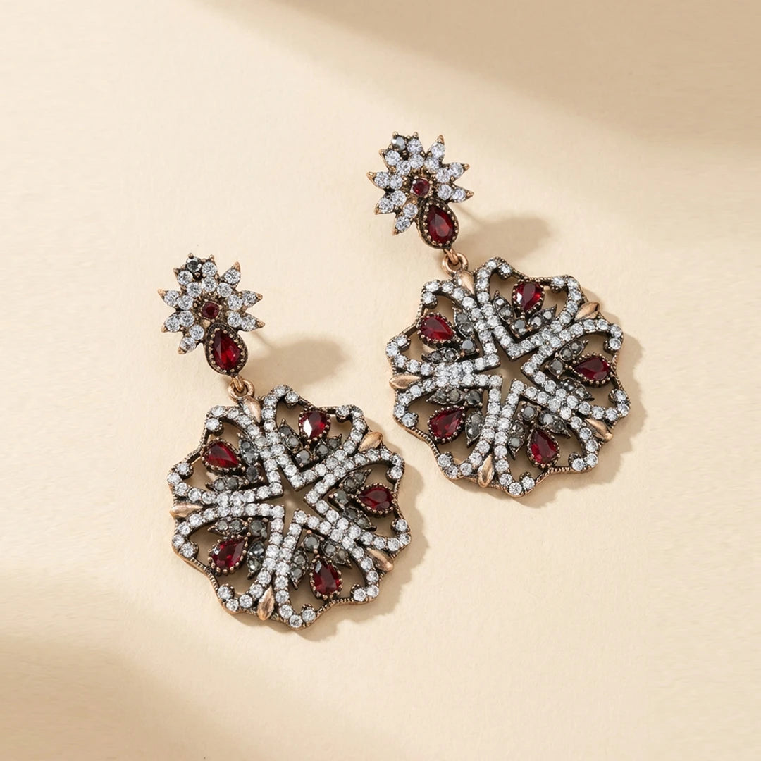 Red Stone Turkish Floral Earrings