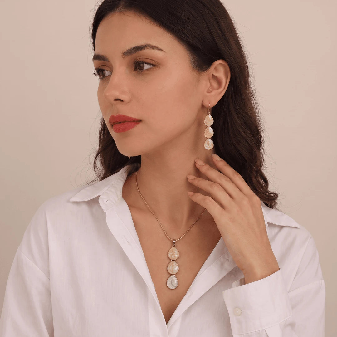 Golden Beige TearDrop Metallic Pendant - Necklace set