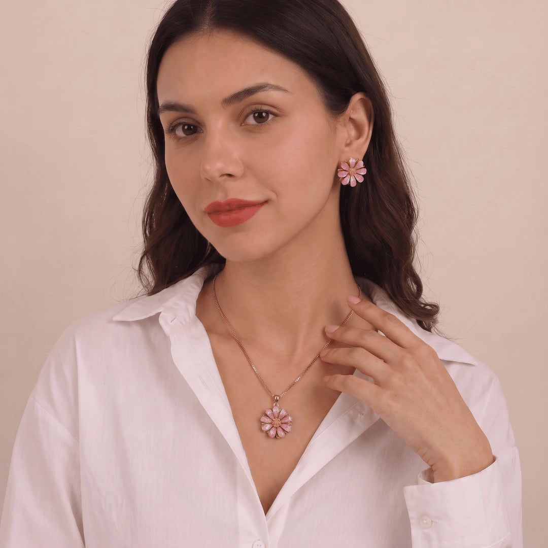 Pink Floral Metallic Pendant - Necklace set