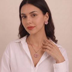 Pink Floral Metallic Pendant - Necklace set