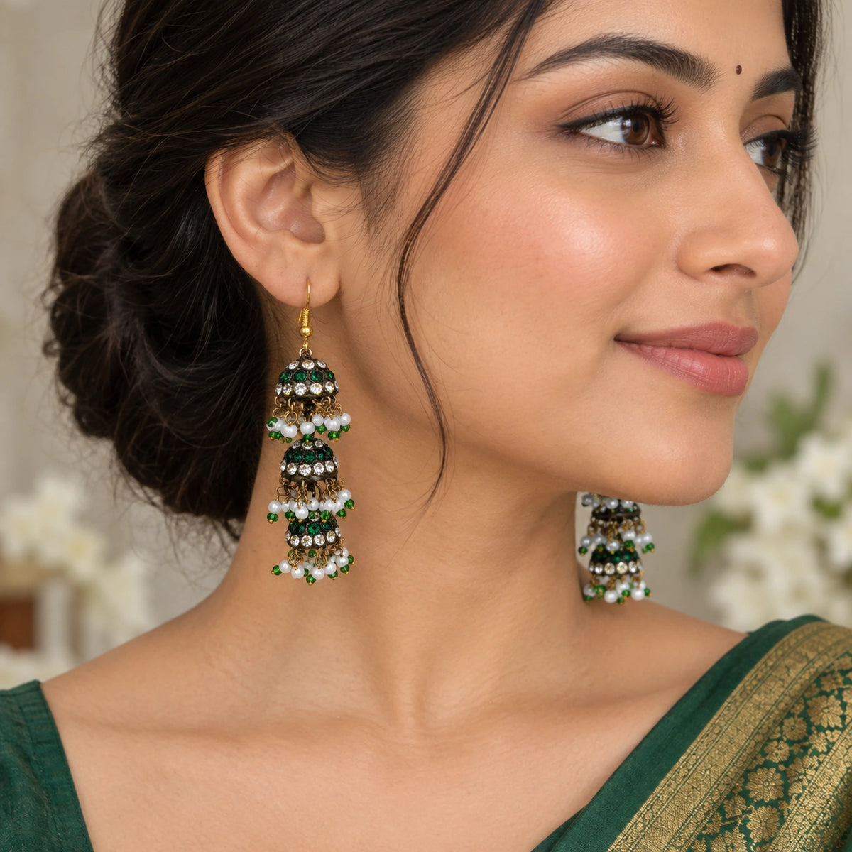 Handmade Stone Jhumka Earrings - Green