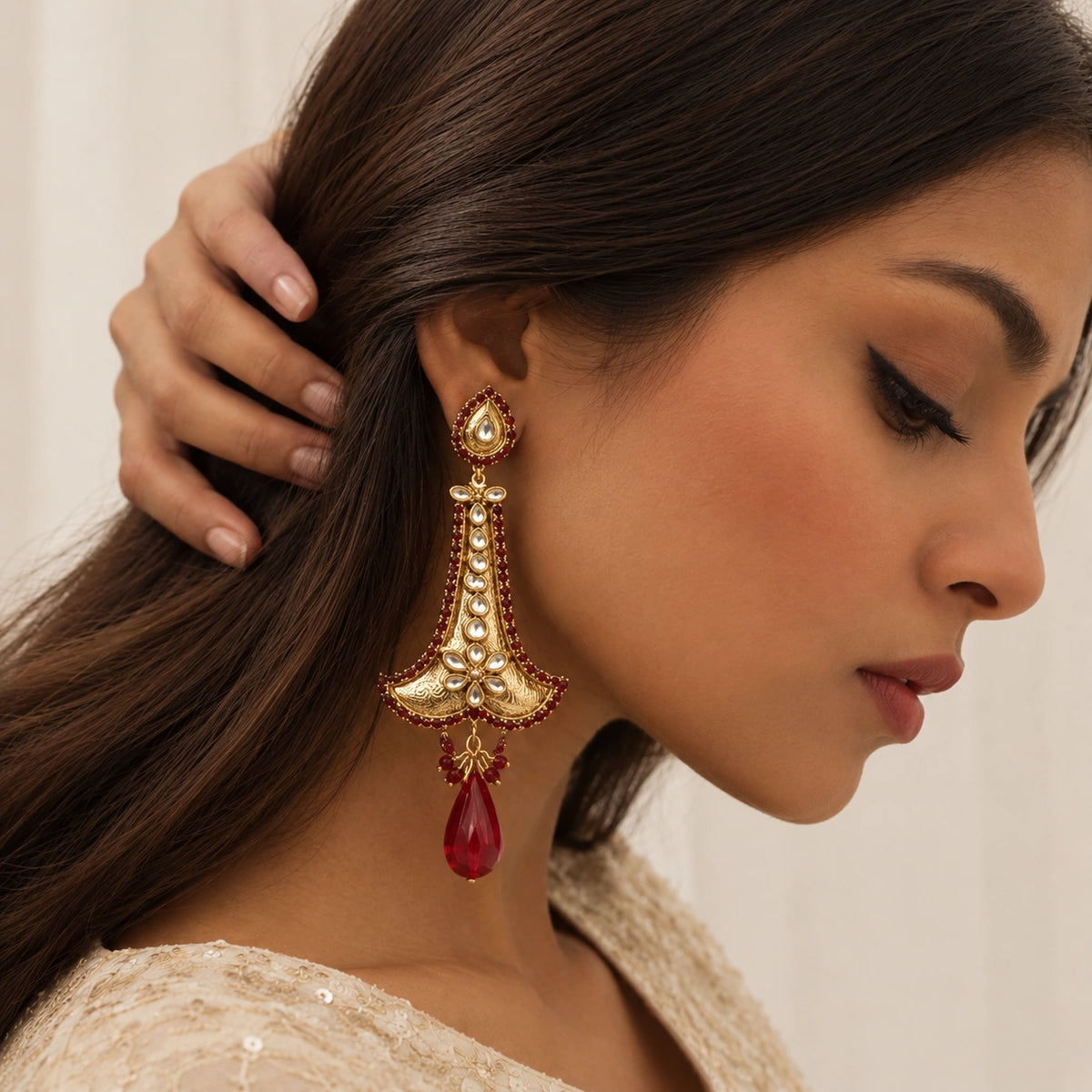 Red Şahane Kundan Jhumka Earrings - Large