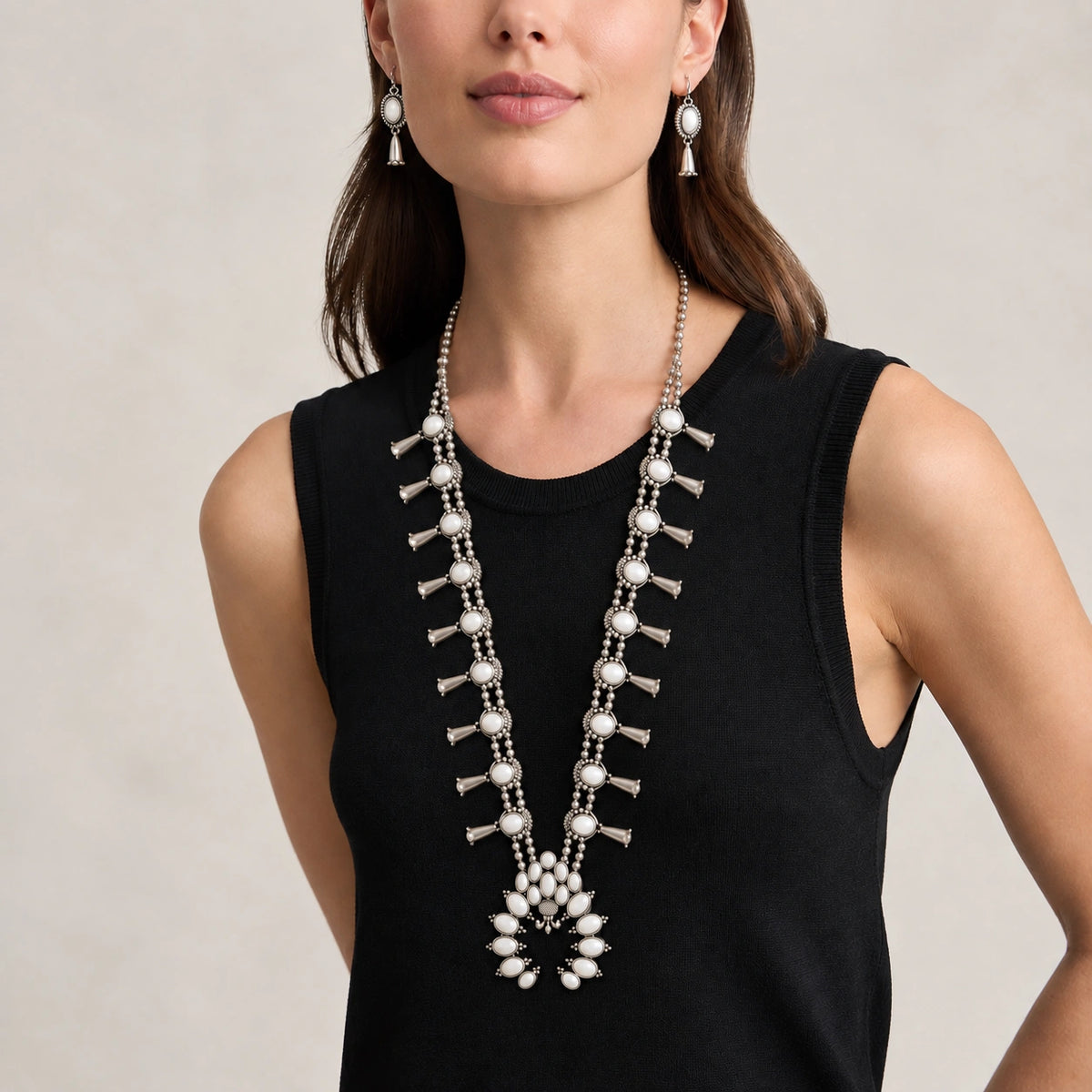 White Afghani Silver Necklace set - Long