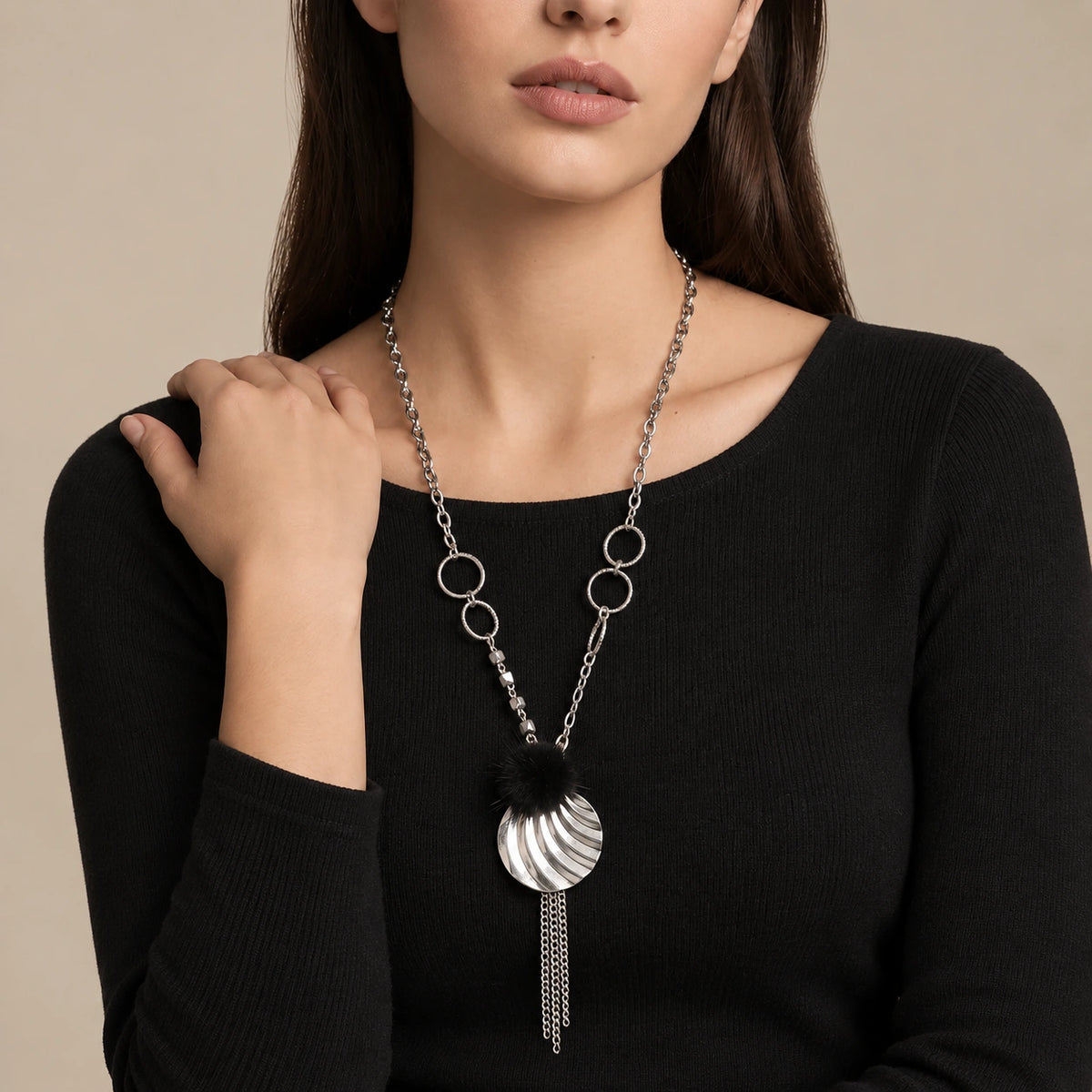 Long Metallic Pendant Necklace