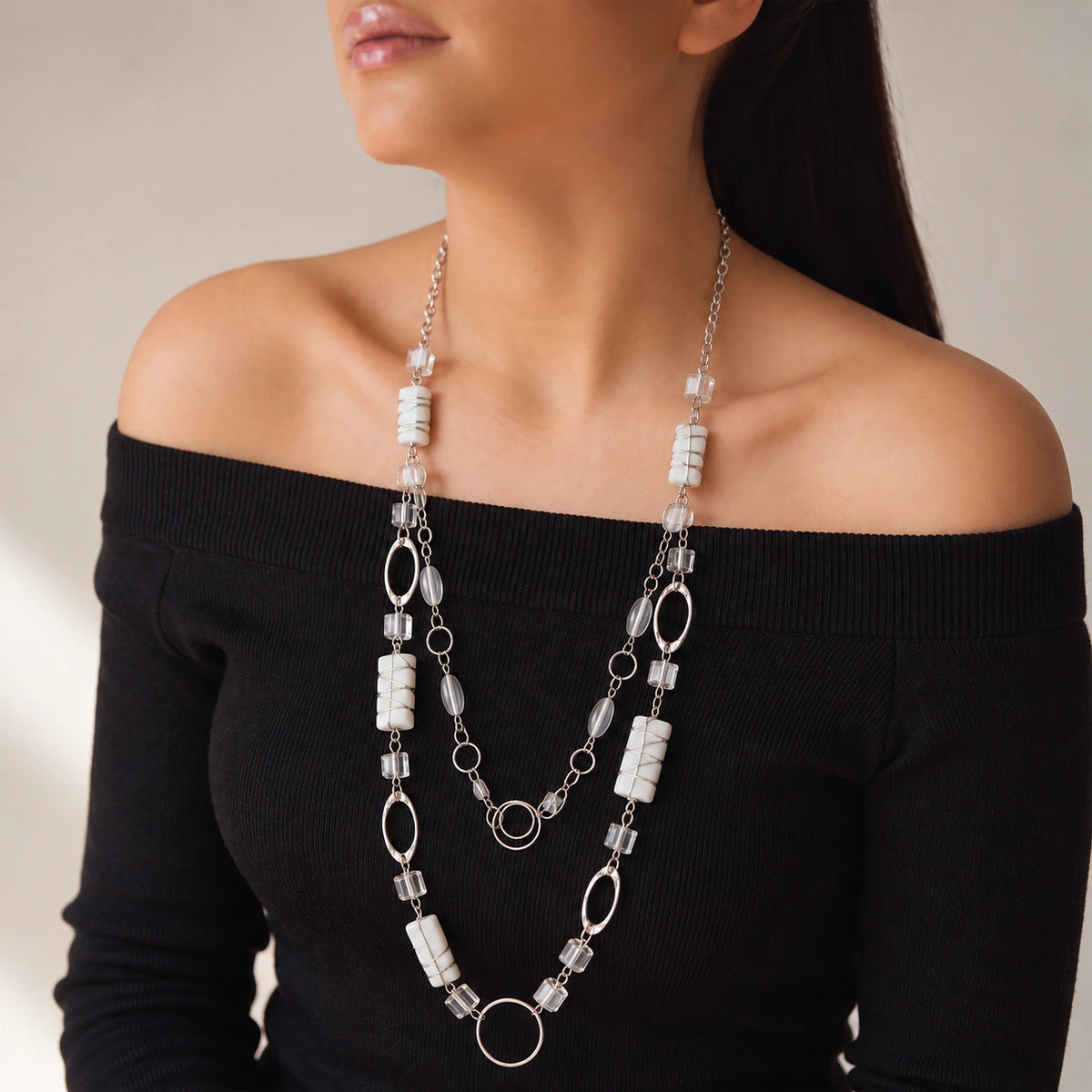 White Stone Silver Chain Necklace - Long