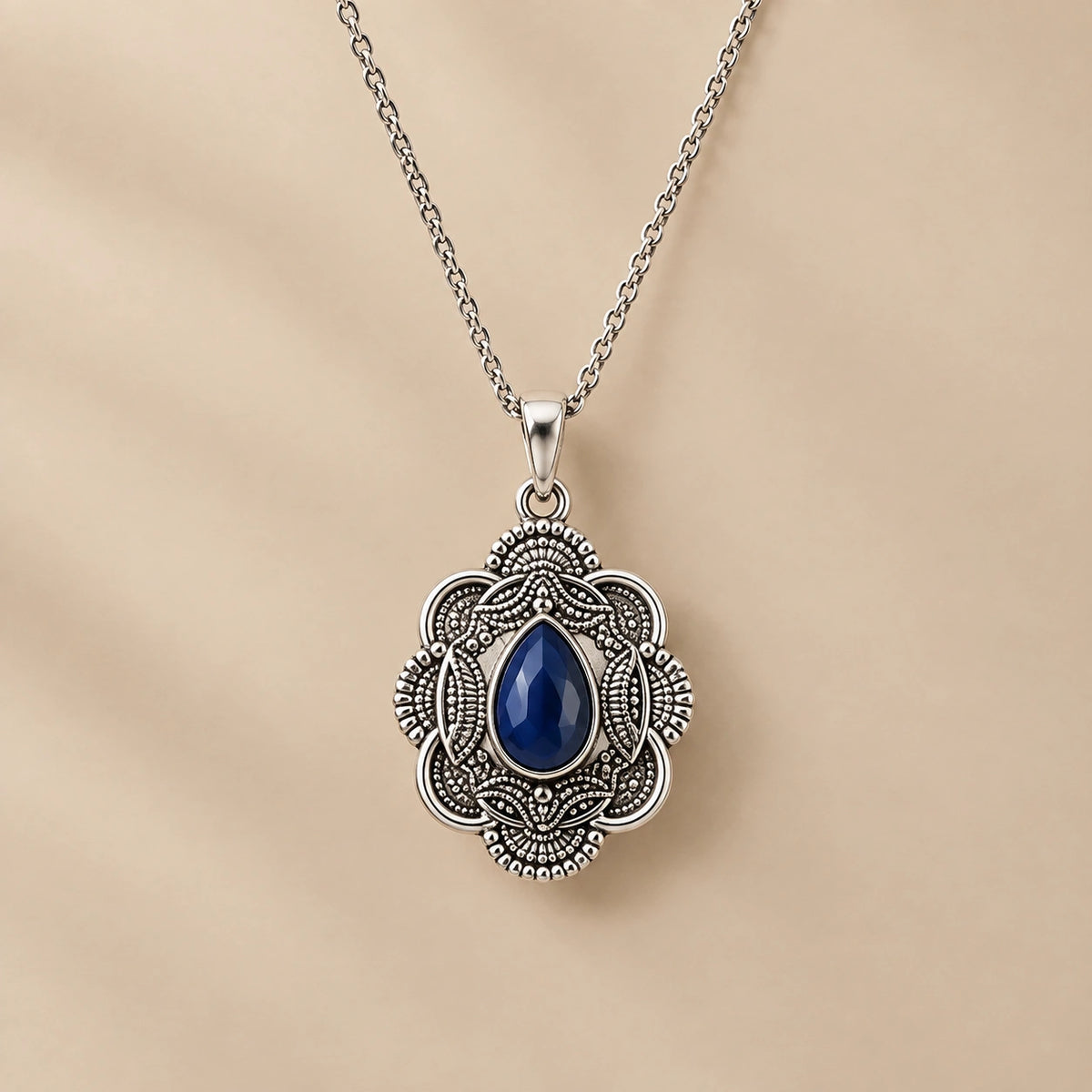 Antique Blue Stone Pendant Necklace - Long